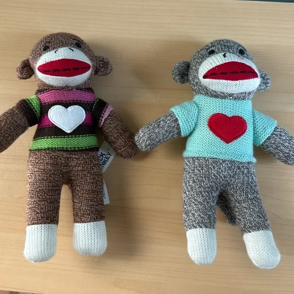 Dan Dee Dandee Sock Monkey Heart Valentines Plush Stuffed Toy Set brown grey 9" - Picture 1 of 6